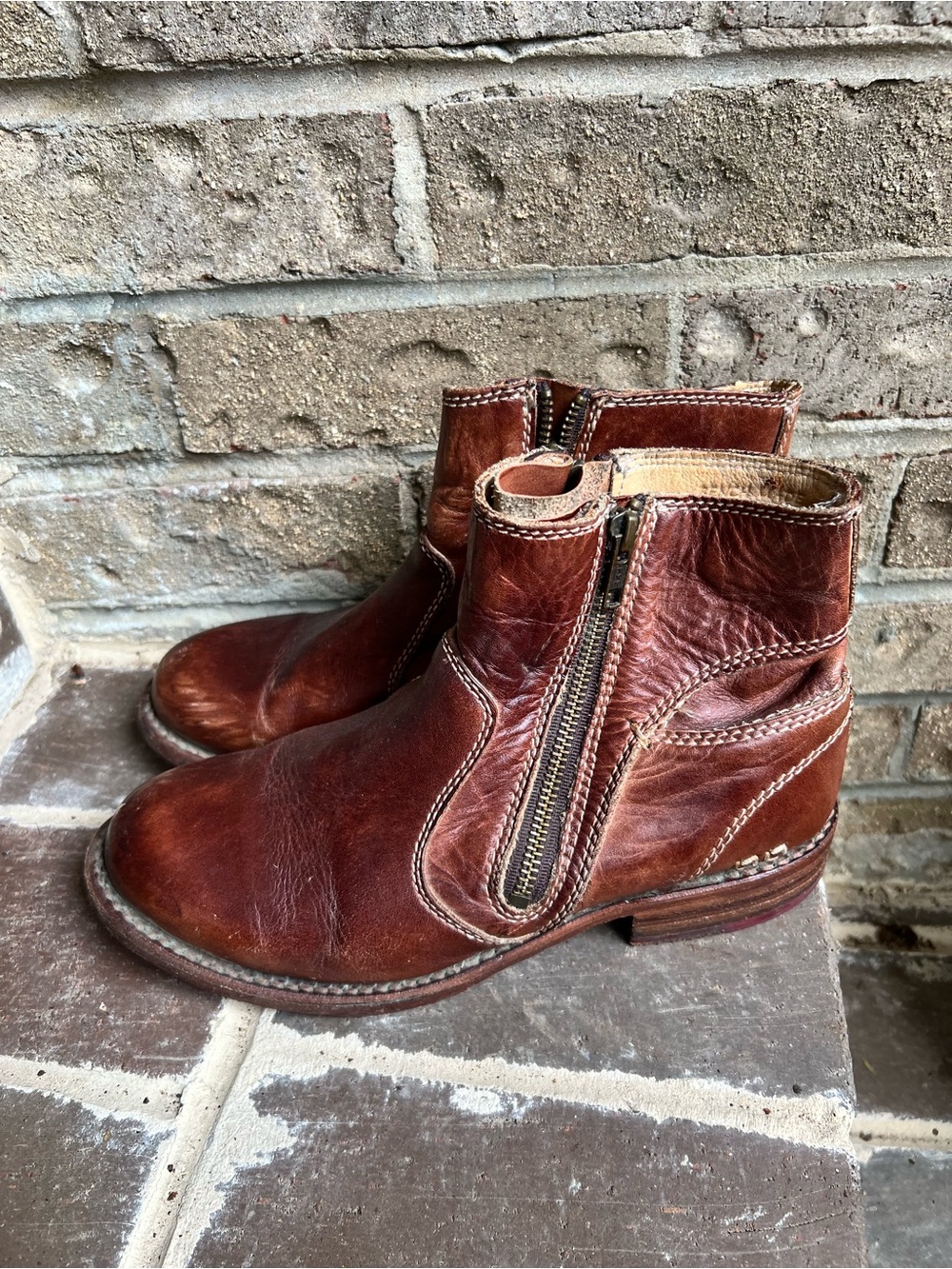 Bed Stu Cognac Leather Side-Zip Ankle Boots